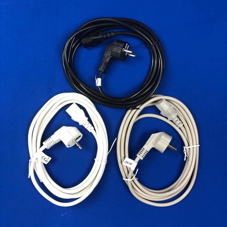 Extra long/coloured mains cable, protective contact angled to IEC plug C13