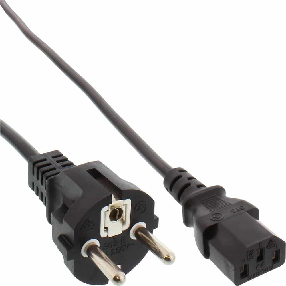 Extra long/coloured mains cable, protective contact straight to IEC plug C13